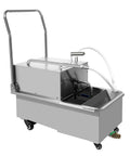 Top Tier Commercial Fryer Filter System With Lockable Wheels, Heavy Duty 201 Stainless Steel Construction, Features High Cap 14.53 Gal Tank And Powerful Oil Filtration For Kitchens side view.