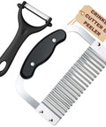 Nur Essentials 3-piece kitchen set: stainless steel crinkle cutter, waffle fry cutter, and black-handled peeler