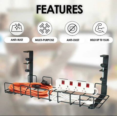 No Drill Under Desk Cable Management Tray Set, 2 Pack Clamp On Metal Wire Cable Organizer holding cables and power strip.