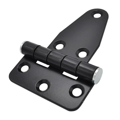 Industrial Grade Iron Hinge For Electric Switchgear And Automation Control Panel Doors Featuring Heavy Duty Construction And Badass Cabinet Swing Action, black metal hinge with multiple mounting holes.
