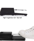 Side view of universal sustain pedal for digital pianos and MIDI keyboards with foot on non-slip mat, quarter inch jack visible.