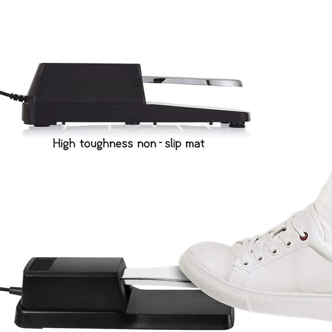 Side view of universal sustain pedal for digital pianos and MIDI keyboards with foot on non-slip mat, quarter inch jack visible.