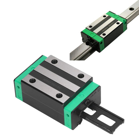 Get The Most Slick High Precision Linear Motion Rail Bearing Block For Your 3D Printer Build With No Clogging Issues, Heavy Duty Steel Construction, And Zero Ball Fall Out For Total Automation Reliability, shown from two angles.