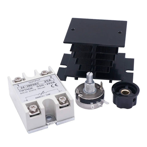 Beefy SSR 40VA Solid State Relay 24-380V AC 40A with heat sink, potentiometer and knob, shown from front.
