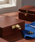 Slick Concealed Barrel Hinge In Gold Zinc Alloy Finish For Jewelry Boxes And Cabinets, hidden in a wooden box setup, with tools nearby