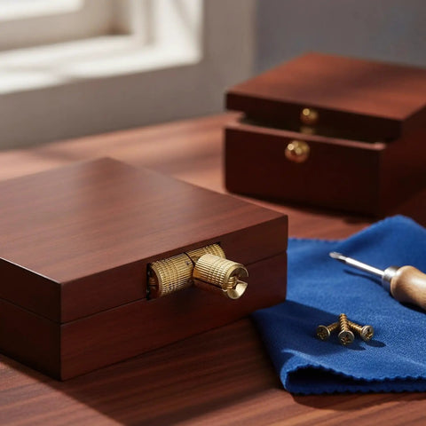 Slick Concealed Barrel Hinge In Gold Zinc Alloy Finish For Jewelry Boxes And Cabinets, hidden in a wooden box setup, with tools nearby
