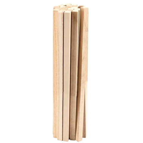 Top Shelf 60 Pack Of 1/2 By 12 Inch Unfinished Paulownia Square Dowel Rods stacked vertically, showcasing smooth wood strips for crafts.