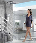 Golden White Shower Faucet In Wall Mixer System Rainfall Brass Body Massage Set Swive Spout(Black) with woman showering.