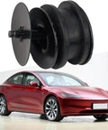 Black Plastic Electronic Fan Fixing Bracket For Tesla Model 3 And Y 2017 To 2023, durable thermoplastic design shown with Tesla.