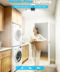 Woman in laundry room under All Day Motion Activated Garage Light With 80W Power, Day And Night Sensing Ceiling LED, Easy Install