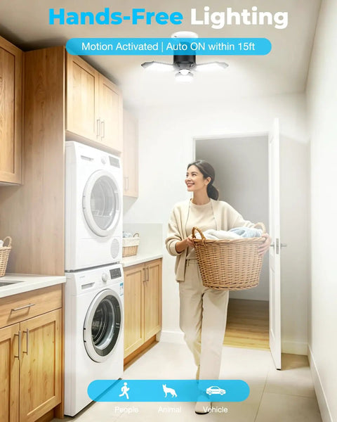 Woman in laundry room under All Day Motion Activated Garage Light With 80W Power, Day And Night Sensing Ceiling LED, Easy Install
