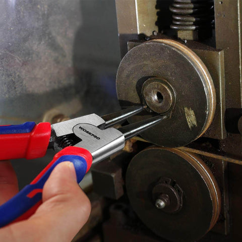 Pro Grade Four Piece Snap Ring Pliers Set for Internal and External Circlips, used on machinery part, 7-inch, Cr-V steel