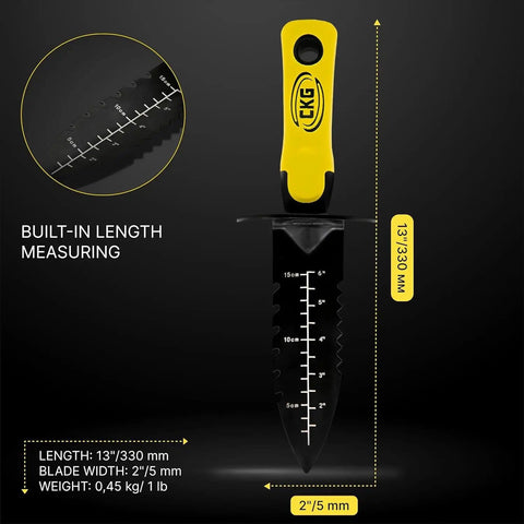 Beefy Heavy Duty Metal Detector Shovel With Double Serrated Edge and Sheath featuring built-in ruler for precise digging