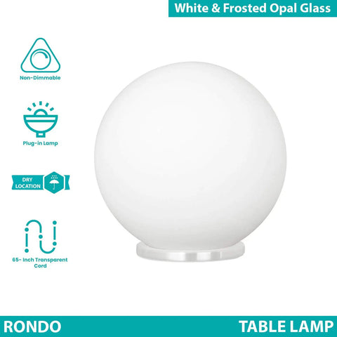 Rondo Round Table Lamp with Glass Ball Shade for Living Room Bedroom Dorm or Office, White Frosted Opal Globe Light