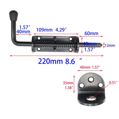 Dimensions of Black 2 Packs 8.5 Inch Heavy Duty Spring Loaded Latch Pin With Sliding Barrel Bolt Door Lock, 12mm Bolt Diameter