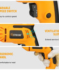 Close-up of Powerful 400W Corded Drill For DIYers And Handy Pros, showing variable speed switch, ventilation slots, ergonomic handle.