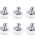 Six Piece Set Of 19mm White Plastic Drawer Rollers Featuring Slick Cabinet Pulleys For Smooth Operator Furniture Gliding No Sweat Replacement Wheels With Heavy Duty Mounting Nuts, showing six white glide wheels with threaded knobs.