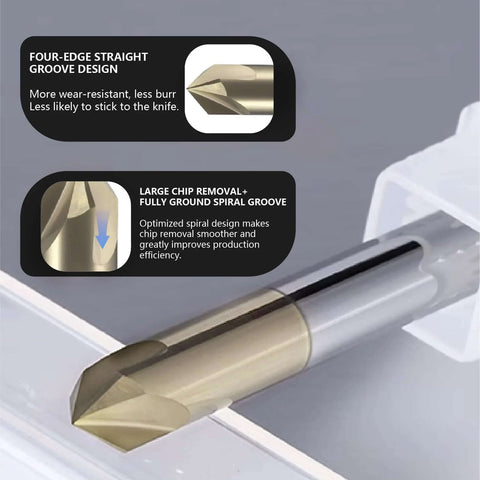 Carbide chamfer end mill, 60-degree V-groove, 1/4 in shank, 4 flutes, ZrN coating — front view