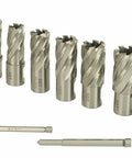 Tough As Nails Magnetic Drill Press With 1850 Watt Motor And Precision Rack And Pinion Depth Setup Includes Full 13 Piece Hss Annular Cutter Kit showing HSS annular cutters and pilot pins.