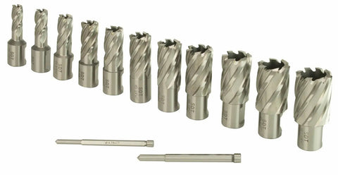 Tough As Nails Magnetic Drill Press With 1850 Watt Motor And Precision Rack And Pinion Depth Setup Includes Full 13 Piece Hss Annular Cutter Kit showing HSS annular cutters and pilot pins.
