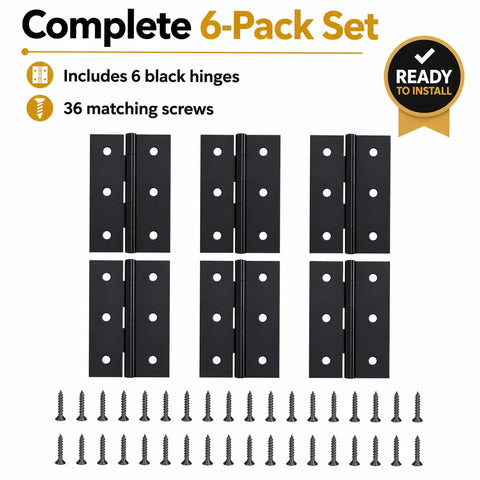 2.5 Inch Matte Black Door Hinges 6 Pack with solid steel build, square corner, and matching screws visible