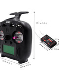 FS-ST8 8-10CH 2.4GHz RC Transmitter With FS-SR8 Receiver, ergonomic carbon-fiber body, with size dimensions.