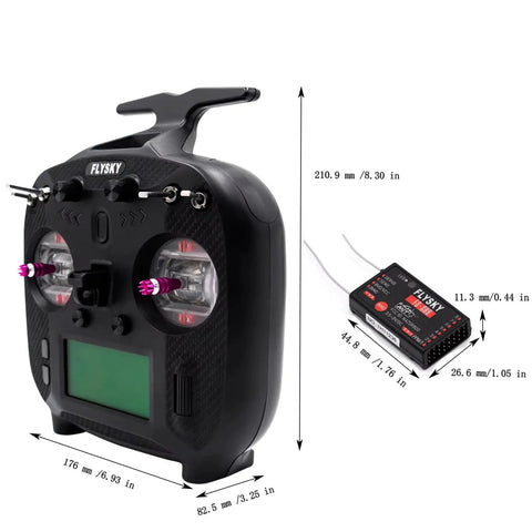 FS-ST8 8-10CH 2.4GHz RC Transmitter With FS-SR8 Receiver, ergonomic carbon-fiber body, with size dimensions.