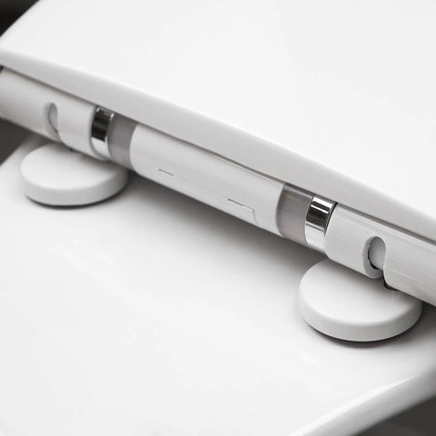 Close-up of hinge mechanism on LED Nightlight Elongated Toilet Seat in White for Easy Night Time Use Snug Fit for All Elongated Toilets