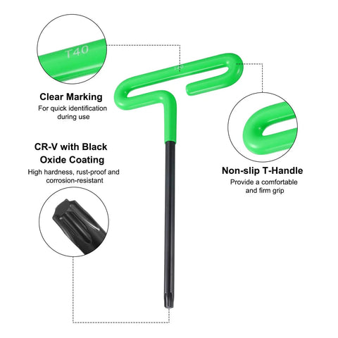 Heavy Duty T Handle Hex Key Wrench T40 Torx Star 6 Point T Key Hexagon Wrenches Spanner Repair Tool With Cushion Grip For Durable High Torque And Rust Resistant Black Oxide Coated CR V Steel 160mm Long Arm, green T40 Torx wrench
