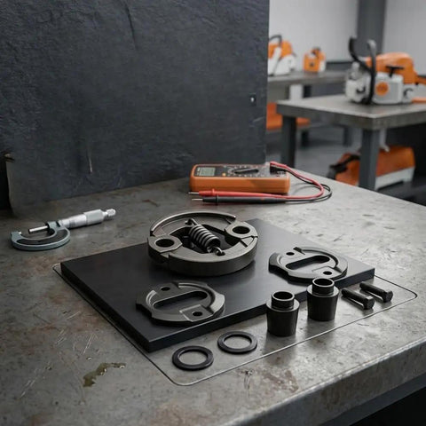 Complete Clutch Kit Set For Full Clutch Replacement With Precision Metal Construction Direct Fit For FS110 And FS130 Models Power Transfer Plug and play ready components on workbench