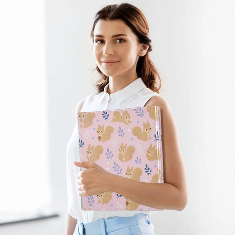 Woman holding Totally Squirrel Pink Cute 3 Ring Binder With Clipboard 1.5 Inch Holds Up To 200 Sheets Fashionable School And Office Organizer