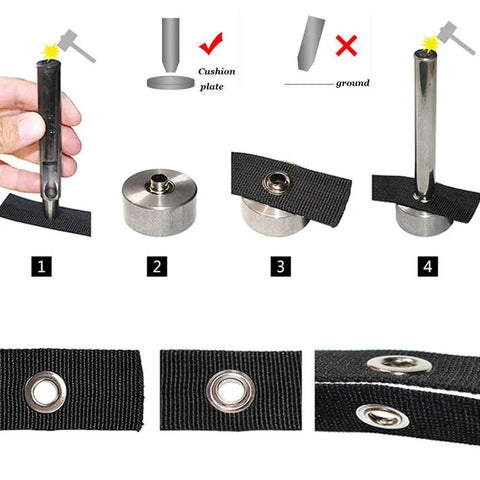 Installation steps for Grommets One Half Inch Heavy Duty Metal Eyelets Kit For Fabric Curtains Tents And Boat Covers Repair Hammer On Grommet Set