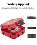 Job Site Ready No Mess Rig 4.5 Inch Grinder Cutoff Wheel Storage Case With Custom Separation Bins For Small Table Miter And Circular Saw Blades, red organizer with opened lid.