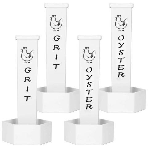 Slick 4 Pieces Hanging Auto Gravity Dispenser For Your Backyard Gang With Large Grit And Oyster Shell Compartments, 4 white grit and oyster dispensers.