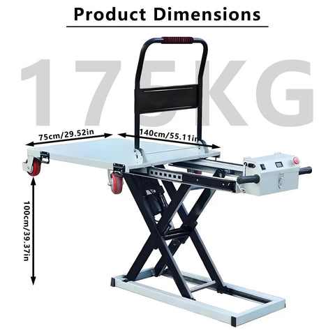 No Sweat Hydraulic Scissor Lift Platform And Portable Flatbed Dolly dimensions showing 75cm by 140cm size with a 440 lb capacity.