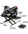 Shop Tough Portable Motorcycle Lift Air Operated Bike Stand 1000 Lb Capacity with motorcycle on diamond plate surface, foot pedal visible.