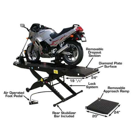 Shop Tough Portable Motorcycle Lift Air Operated Bike Stand 1000 Lb Capacity with motorcycle on diamond plate surface, foot pedal visible.