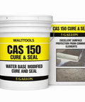 Heavy Duty Water Based Concrete Sealer And Cure Compound Hella Tough For Driveways Patios And Garages Delivering Knockout Dust Defense And A Legit Satin Finish In Five Gallon Pail, shown in 5-gallon pail with label and box.