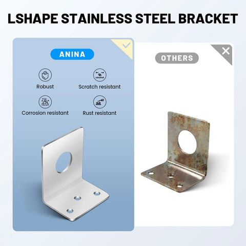 Comparison of new and old L-shaped stainless steel brackets with details on robustness and resistance.