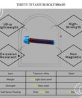 Slick Burnt Blue Titanium M6x30mm Bolts Six Pack Socket Head Cap Screws displayed with specs on strength and corrosion resistance.