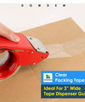 Hand using red dispenser with Ultra Strong Clear Packing Tape 1.88 Inch by 55 Yards Heavy Duty Shipping Tape Refill 2 Pack