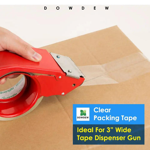 Hand using red dispenser with Ultra Strong Clear Packing Tape 1.88 Inch by 55 Yards Heavy Duty Shipping Tape Refill 2 Pack