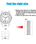 Guide to measure watch lug width for pin size selection, featuring a list of size options from 16mm to 26mm.