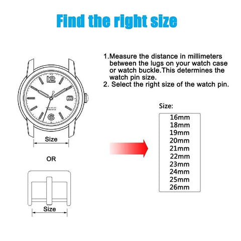 Guide to measure watch lug width for pin size selection, featuring a list of size options from 16mm to 26mm.