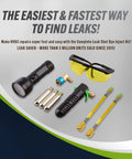 Leak Shot Dye Inject Kit for UV refrigerant leaks; injector gun, brass adapters, yellow goggles, hoses.