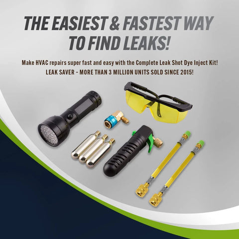 Leak Shot Dye Inject Kit for UV refrigerant leaks; injector gun, brass adapters, yellow goggles, hoses.