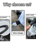 Top Tier EV Charger Plug Cover With Tight Magnetic Seal Waterproof Outer Shell Blocking Rain Sun UV And Snow Hella Durable Polyester Fabric Keep Your Gear Safe In Black showcasing strong magnets and silver-coated waterproof fabric.