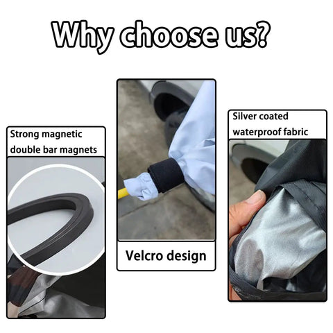Top Tier EV Charger Plug Cover With Tight Magnetic Seal Waterproof Outer Shell Blocking Rain Sun UV And Snow Hella Durable Polyester Fabric Keep Your Gear Safe In Black showcasing strong magnets and silver-coated waterproof fabric.