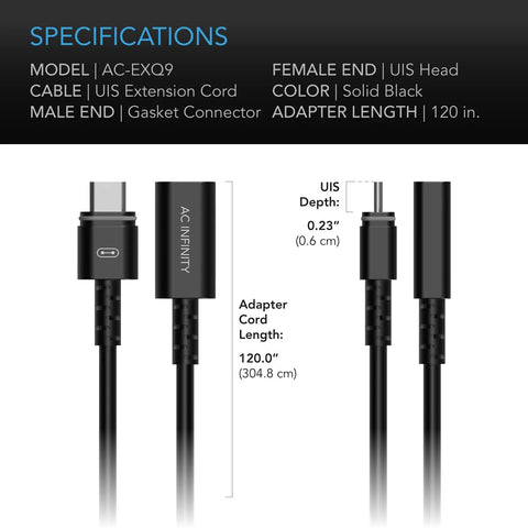 Features of UIS Extension Cable Female to Male for Controller AI Plus, water-resistant gasket, 3m cord, 120-inch adapter length.