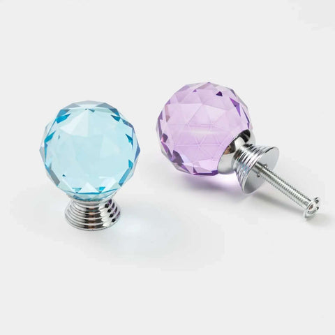 Slick 30Mm Crystal Cabinet Knobs Six Pack With Heavy Duty Zinc Alloy Base Rock Solid Diamond Cut Glass Drawer Pulls For Kitchen Cupboard And Wardrobe Clean Lines And Killer Sparkle Orange Yellow, featuring blue and purple glass knobs.